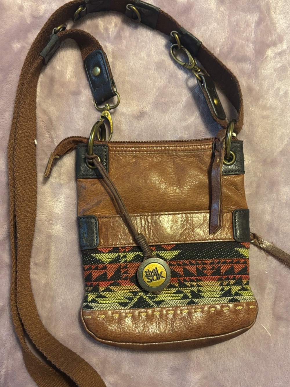 The Sak Pax Brown Leather & Tribal Fabric Crossbody Messenger